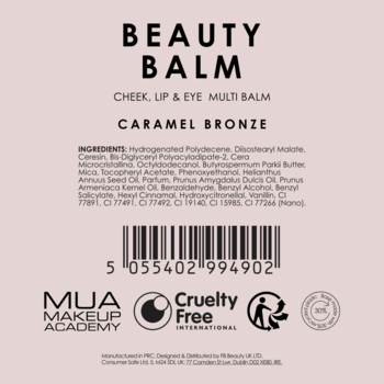 Tył opakowania MUA Beauty Balm Caramel Bronze, wielofunkcyjny balsam do ust, policzków i oczu, z listą składników.