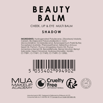 Tylna strona balsamu MUA Beauty Balm Shadow z listą składników, kodem kreskowym i logo Cruelty Free International.