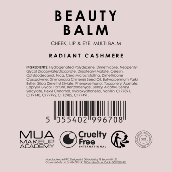 Tył opakowania MUA Beauty Balm Radiant Cashmere, multi balsam. Widoczne składniki, kod kreskowy i Cruelty Free.