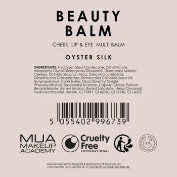Tył Beauty Balm MUA Oyster Silk: skład, kod kreskowy, loga Cruelty Free i MakeUp Academy na różowym tle.