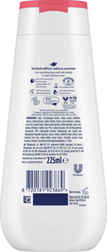 Tył białej butelki płynu do mycia Dove Sakura Summer Limited Edition 225ml z różową nakrętką. Widoczne składniki.