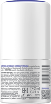 Naturalny kwasowy dezodorant dla mężczyzn Farmona, biały roll-on, tył opakowania ze składnikami, 50ml.