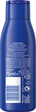 Tył niebieskiego mleczka NIVEA 75ml z głęboko nawilżającym serum, listą składników i kodem kreskowym.