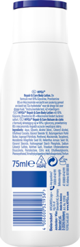 Tył butelki NIVEA Repair & Care Balsam do ciała 75ml, białe opakowanie z niebieskim napisem i kodem kreskowym.