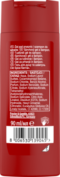 Tył czerwonej butelki żelu pod prysznic Old Spice Captain 90 ml z widoczną listą składników i kodem kreskowym.