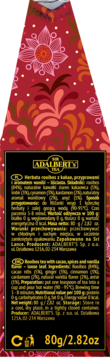 Adalbert's Rooibos z kakao, przyprawami i wanilią, herbata sypana 80g, tył opakowania z czarną etykietą.