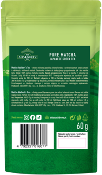 Tył zielonego opakowania herbaty Adalbert's Pure Matcha Japanese Green Tea 60g z tekstem informacyjnym.
