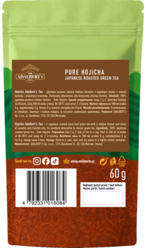 Tył zielono-brązowej torebki herbaty Hojicha Adalbert's 60g z kodem kreskowym i opisem produktu.