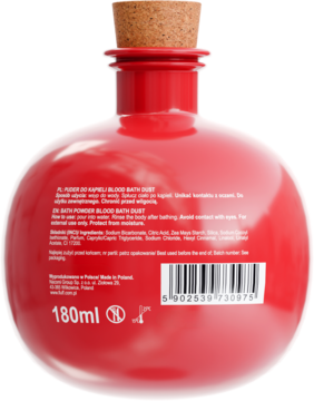 Tył czerwonej, sferycznej butelki Blood Bath Dust z korkiem, widoczne etykiety produktu i 180ml.