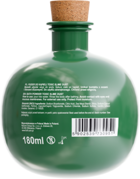 Tył zielonej, okrągłej butelki 180ml z korkiem, z etykietą 'SLIME DUST BATH POWDER' i składem.