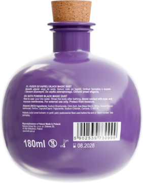 Tył fioletowej, kulistej butelki Bath Powder Black Magic Dust 180ml z korkiem, widoczne szczegóły etykiety i kod kreskowy.