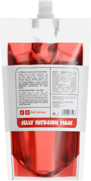 Tył czerwonej saszetki maski Fluff Jelly Infusion. Biała etykieta z opisem, składnikami produktu i kodem kreskowym.