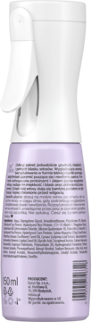 Tył fioletowej butelki wygładzającej mgiełki do włosów z białym spryskiwaczem, widoczne etykiety i 150ml.
