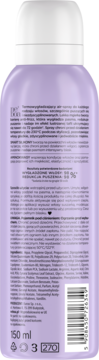 Tył fioletowej butelki sprayu do włosów Bioel Termowygładzający, z listą składników, kodem kreskowym i 150 ml.