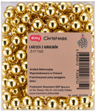 Złote, błyszczące koraliki świąteczne eloy Christmas, 5m, w przezroczystym pudełku z beżową etykietą, widok z góry.