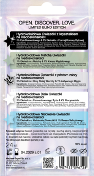 Tył irydującej saszetki Hydrokoloidowych Gwiazdek na niedoskonałości Blind Edition, z opisem 5 wariantów.