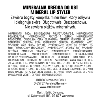 Tył opakowania kredki do ust Artdeco Mineral Lip Styler z listą składników i informacjami producenta na białym tle.