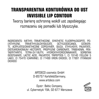 Tył opakowania transparentnej konturówki Artdeco Invisible Lip Contour z listą składników i danymi producenta.