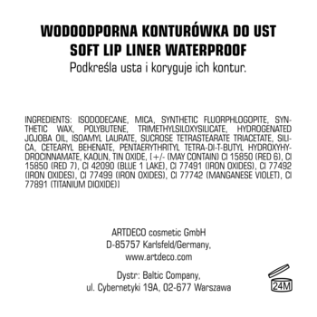 Tył wodoodpornej konturówki do ust Artdeco, z czarnym napisem i listą składników na białym tle.