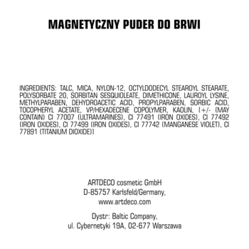 Tył opakowania magnetycznego pudru do brwi Artdeco, białe tło, czarny tekst składników i dystrybutora.