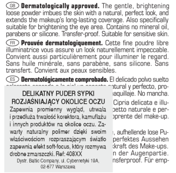 Artdeco Eye Brightening Powder, fragment etykiety z polskim opisem: sypki puder rozjaśniający okolice oczu.
