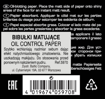 Tył czarnego opakowania bibułek matujących OIL CONTROL PAPER, widoczny kod kreskowy i tekst.