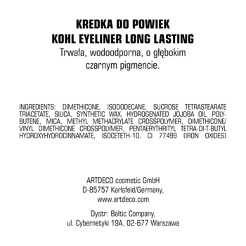 Tył etykiety kredki ARTDECO Kohl Eyeliner Long Lasting, wodoodpornej, z czarnym pigmentem, widoczne składniki.