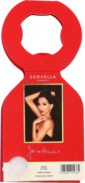 Czerwony Sorvella Moments HOME SPRAY Roza & Oud, kartonowe opakowanie z uchwytem i zdjęciem Justyny, widok z przodu.