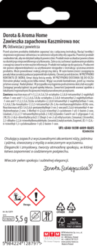 Tył opakowania Dorota & Aroma Home Zawieszka zapachowa Kaszmirowa noc, widoczne składniki, ostrzeżenia, 5.5g.