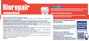 Biorepair Tooth Care, czerwona ulotka z białym zębem, niebieskim napisem microRepair i kodem QR.