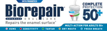 Biorepair Advanced Oral Care 50+ banner. Enamel repair with probiotics, multi-action.