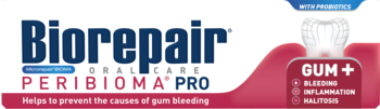 Opakowanie pasty Biorepair Peribioma PRO GUM+ na krwawiące dziąsła, biało-czerwone z grafiką zęba.