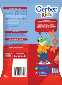 Tył opakowania chrupek Gerber Kids Pizza, niebiesko-czerwony, z tabelą odżywczą, aligatorem i kształtami Kółek i Krzyżyków.