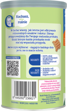 Tył zielonego opakowania Gerber Organic Chrupiące Falki Marchewka Truskawka bez soli/cukru, etykieta ze składem.