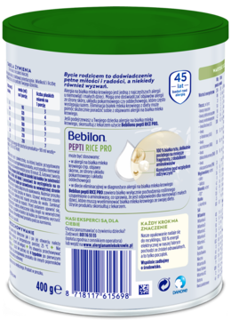 Bebilon pepti RICE PRO hydrolizat ryżu, tył puszki 400g, zielona pokrywka, opis dla alergików.