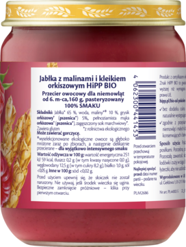 Tył słoiczka HiPP BIO: przecier owocowy jabłka, maliny, orkisz dla niemowląt, różowa etykieta.