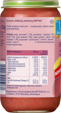 Tył słoiczka Barszczyk z delikatną wołowiną HiPP BIO, widoczne szczegóły wartości odżywczych.