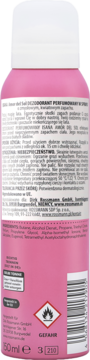 Tył różowego dezodorantu w sprayu Isana Amor 50ml, z polskimi i niemieckimi napisami oraz ostrzeżeniem o łatwopalności.