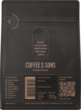 Tył ciemnoszarego opakowania kawy ziarnistej Coffee & Sons Włoska Robota 200g, z polskimi informacjami i kodem QR.