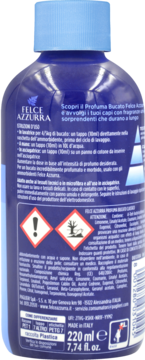 Tył ciemnoniebieskiej butelki Felce Azzurra 220ml, booster do prania z instrukcjami i symbolami ostrzegawczymi.