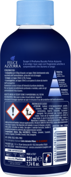 Tył ciemnoniebieskiej butelki Felce Azzurra, booster zapachowy 220 ml z etykietą i kodem kreskowym.