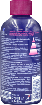 Tył ciemnoniebieskiej butelki Felce Azzurra Orchidea Nera, wzmacniacza zapachu, z etykietą i listą składników.