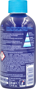 Tył ciemnoniebieskiej butelki Felce Azzurra Pure Freshness, booster zapachowy 220 ml, z niebieską nakrętką.