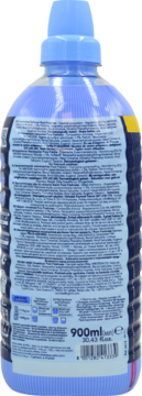 Tył niebieskiej butelki Felce Azzurra Pure Freshness, skoncentrowanego płynu do płukania, z etykietą i kodem kreskowym.