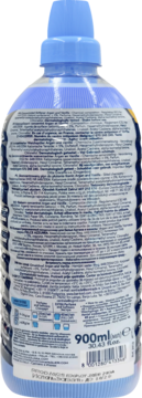Tył niebieskiej butelki Felce Azzurra Argan & Vanilla, skoncentrowanego płynu do płukania. Etykieta z informacjami, kod kreskowy, 900ml.