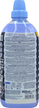 Widok z tyłu niebieskiej butelki Felce Azzurra Black Orchid koncentratu do płukania 900ml z etykietą.