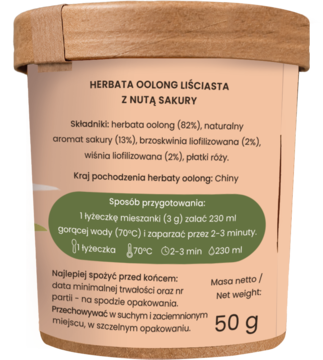 Beżowy pojemnik herbaty Oolong liściastej 50g z nutą sakury, z drewnianym wieczkiem, polskie napisy, frontalne ujęcie.