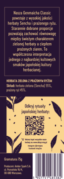 Tył opakowania herbaty Genmaicha Classic (Sencha z ryżem), purpura, opis składu, QR kod.