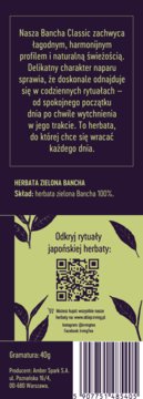 Tył fioletowego opakowania zielonej herbaty Bancha Classic 40g z tekstem, QR kodem do rytuałów japońskiej herbaty.