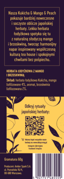Tył fioletowego opakowania herbaty łodyżkowej Kukicha Mango Peach ze złotym tekstem, składem, QR kodem i 60g.